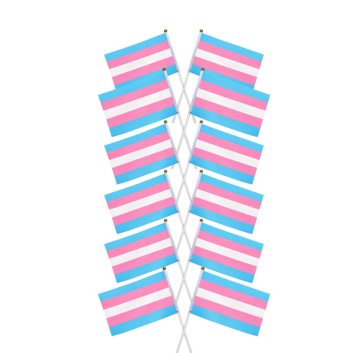 Zehn Trans Pride Handflaggen mit den Farben der Transgender Flagge, als Set angeordnet