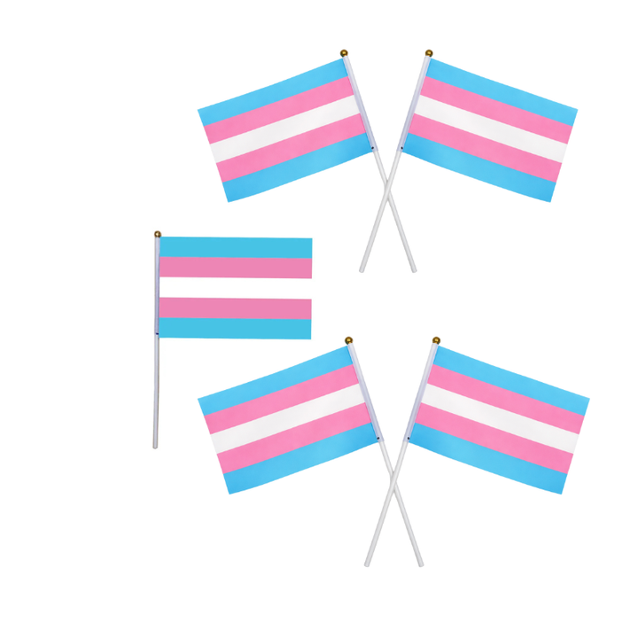 Fünf Trans Pride Handflaggen mit den Farben der Transgender Flagge, unterschiedliche Anordnungen