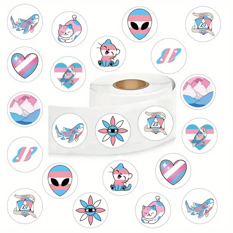 Diverse Aufkleber in den Farben der TransTrans Pride Aufkleberrolle mit LGBTQIA+ Stickern und verschiedenen MotivenFlagge