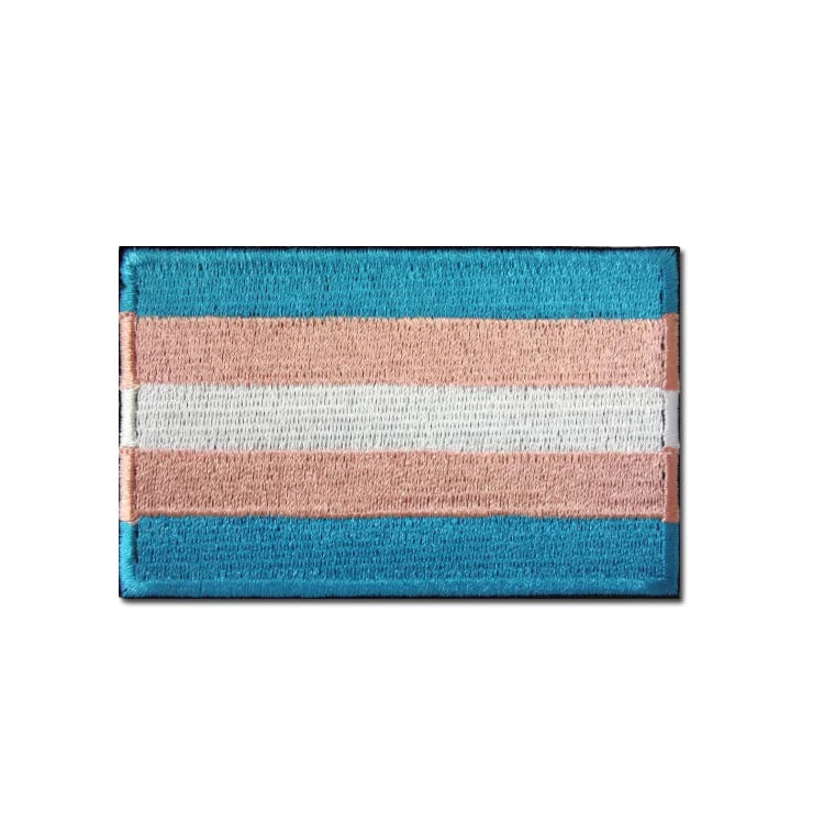 Ein Badge mit horizontalen Streifen in Blau, Rosa, Weiß, Rosa und Blau, die die Farben der Transgender-Pride-Flagge darstellen