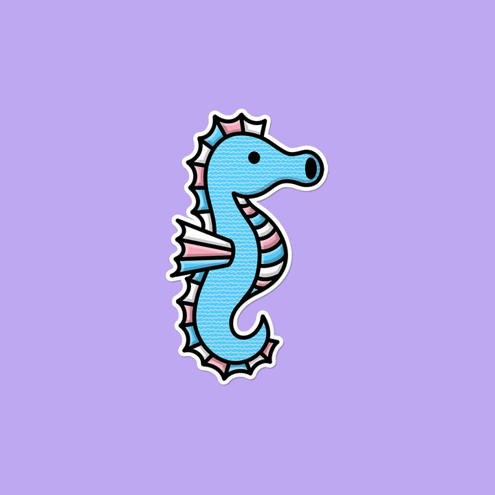 Transgender Seepferdchen Sticker in den Farben der Transgender-Pride-Flagge auf lila Hintergrund. Wasserfester LGBTQIA+ Aufkleber, 3,3 × 5,7 cm.