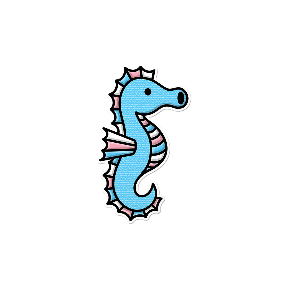 Transgender Seepferdchen Sticker in den Farben der Transgender-Pride-Flagge auf weissem Hintergrund. Wasserfester LGBTQIA+ Aufkleber, 3,3 × 5,7 cm.