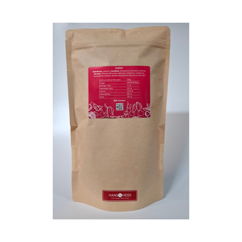 Rückseite des Very Berry Rainbow Müeslis mit Zutaten und Nährwertangaben pro 100 g
