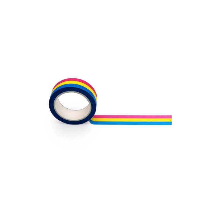 Washi Tape Rolle in Pan Pride Farben Pink Gelb Blau auf weißem Hintergrund