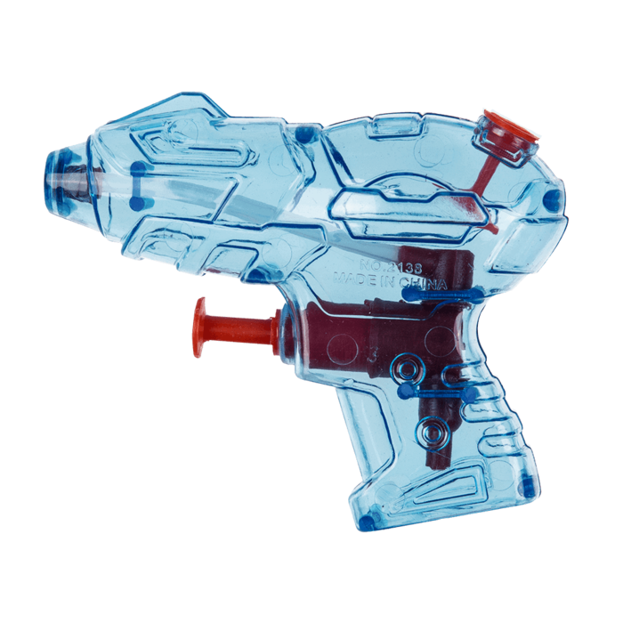Blaue Mini-Wasserblaster, ca. 10 cm, transparente Kunststoffblaster mit rotem Abzug.