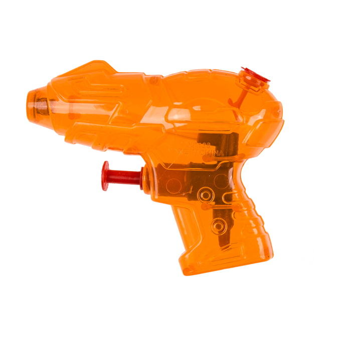 Gelbe Mini-Wasserblaster, ca. 10 cm, transparente Kunststoffblaster mit rotem Abzug.