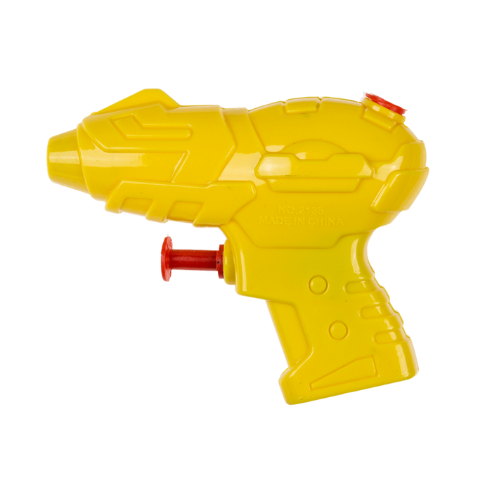 Mini-Wasserblaster, ca. 10 cm, transparente Kunststoffblaster mit rotem Abzug.