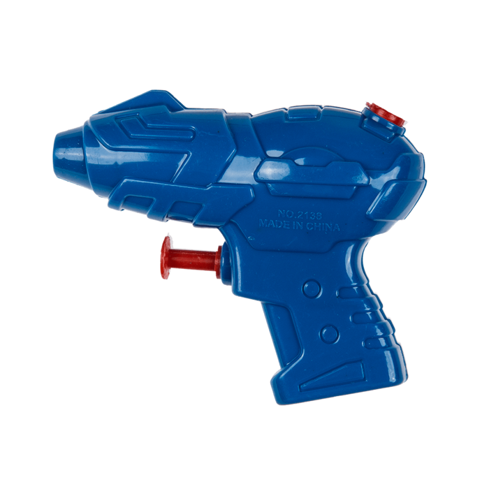 Blaue-Wasserblaster, ca. 10 cm, transparente Kunststoffblaster mit rotem Abzug.