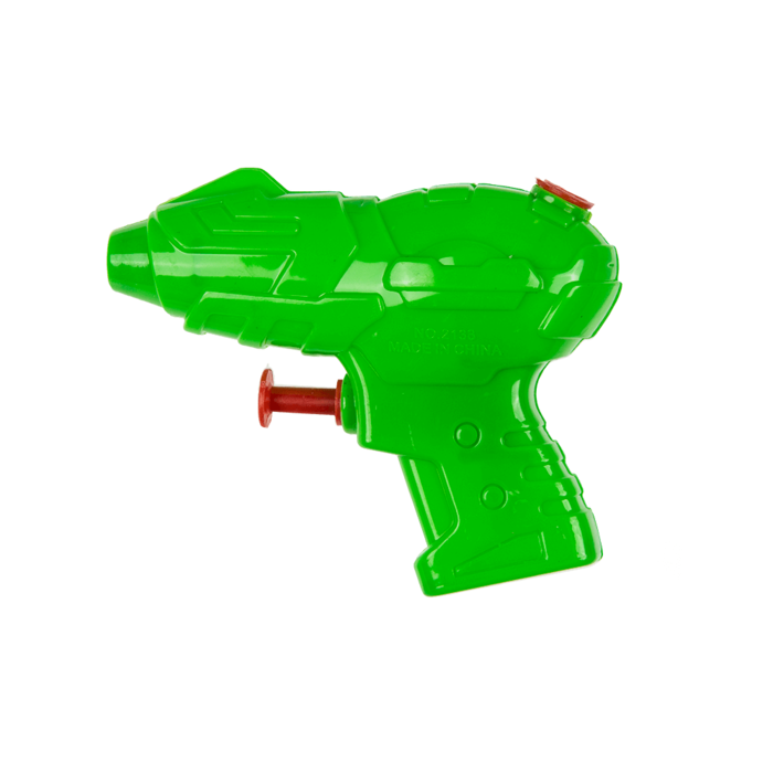 Mini-Wasserblaster, ca. 10 cm, transparente Kunststoffblaster mit rotem Abzug.