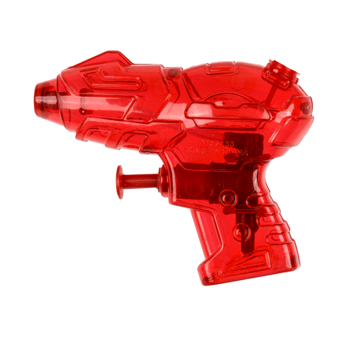 Rote Mini-Wasserblaster, ca. 10 cm, transparente Kunststoffblaster mit rotem Abzug.