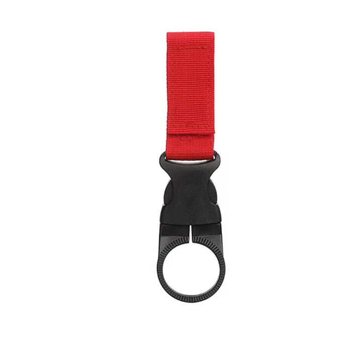 Roter Hydro-Clip Wasserflaschenhalter mit Kunststoffring und Textilschlaufe zur Befestigung an Gürtel oder Rucksack.