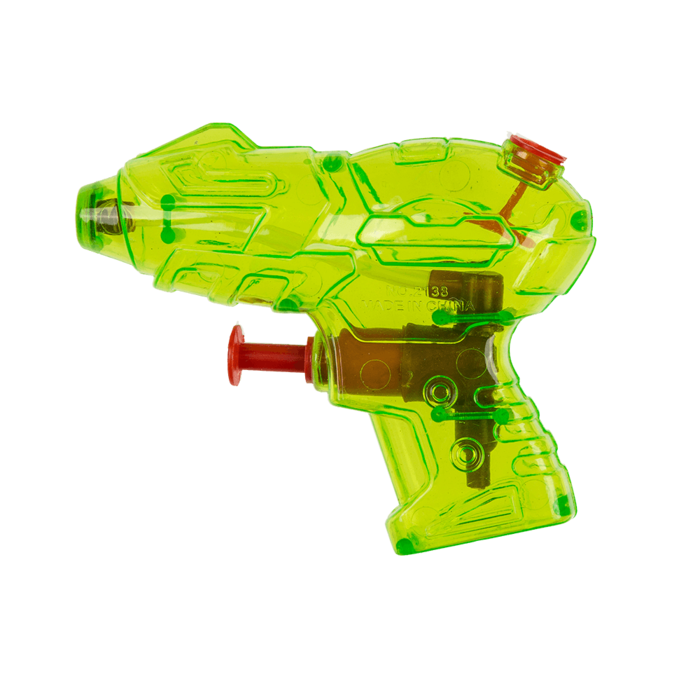 Grüne Mini-Wasserpistole, ca. 10 cm, transparente Kunststoffpistole mit rotem Abzug.