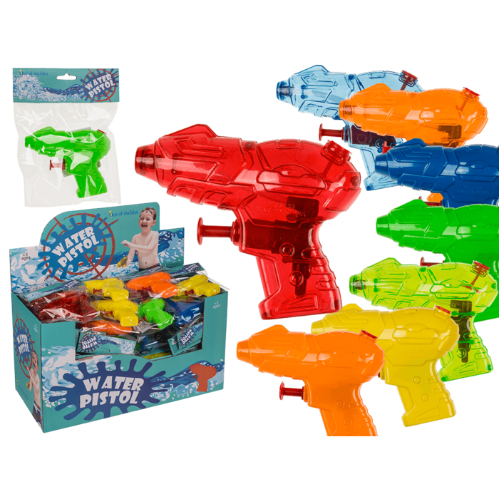 Display mit Mini-Wasserpistolen, ca. 10 cm, in mehreren bunten Farben, verpackt im Verkaufsdisplay.