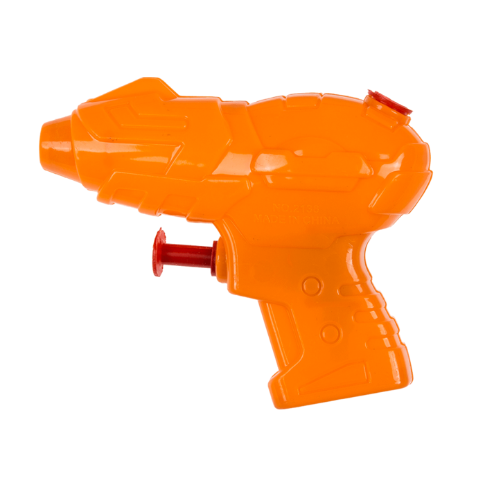 Orange-Wasserpistole, ca. 10 cm, transparente Kunststoffpistole mit rotem Abzug.