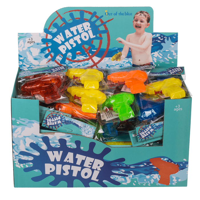 Display mit Mini-Wasserpistolen, ca. 10 cm, in mehreren bunten Farben, verpackt im Verkaufsdisplay.
